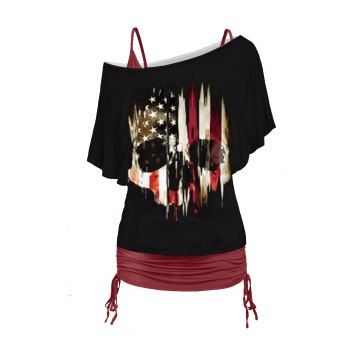 

Skull American Flag Print Skew Collar T-shirt And V Neck Cinched Spaghetti Strap Camisole Two Piece Set, Red