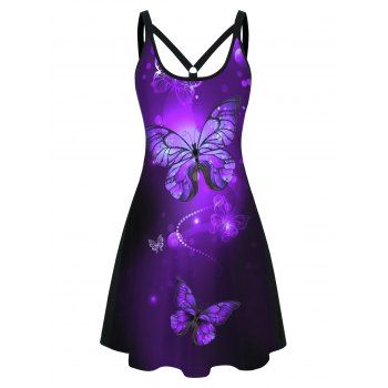 

Ombre Butterfly Print Dress Cut Out Sleeveless A Line Mini Dress, Black