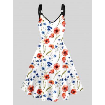 

Allover Flower Leaf Print Dress V Neck O-ring Strap High Waisted A Line Midi Dress, White