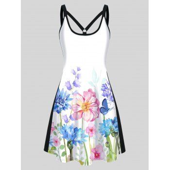 

Flower Print Dress Colorblock Cut Out Sleeveless A Line Mini Dress, White