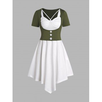 

Short Sleeve Mock Button Top And Ruched Bust Crisscross Asymmetric Dress Two Piece Set, White