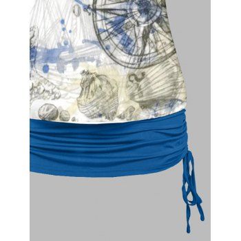 Nautical Marine Print Skew Collar T-shirt And Cinched Ruched Spaghetti Strap Camisole Two Piece Set