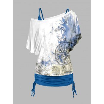 

Nautical Marine Print Skew Collar T-shirt And Cinched Ruched Spaghetti Strap Camisole Two Piece Set, Blue