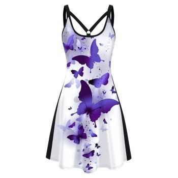 

Colorblock Dress Butterfly Print Cut Out Sleeveless A Line Mini Dress, Black