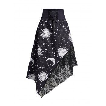 

Celestial Sun Moon Star Print Asymmetric Skirt Lace-up Midi Lace Panel Skirt, Black