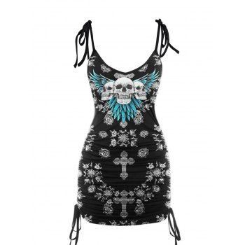 

Flower Skull Wing Print Long Tank Top Cinched Tie Knot Strap Tank Top, Black