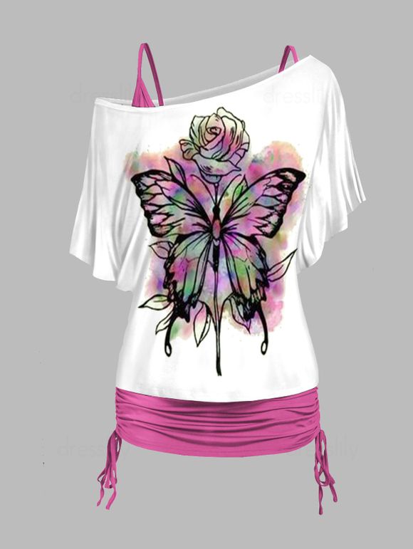 Ensemble Deux Pièces de T-shirt à Imprimé Papillon Fleur et Camisole Cintrée Froncée à Bretelle Fine - Rose clair XL