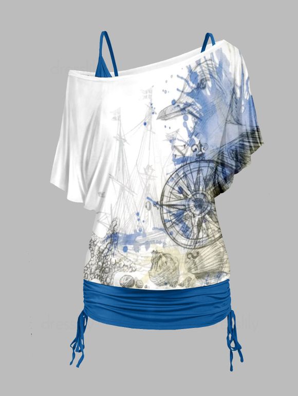 Nautical Marine Print Skew Collar T-shirt And Cinched Ruched Spaghetti Strap Camisole Two Piece Set - BLUE XXL