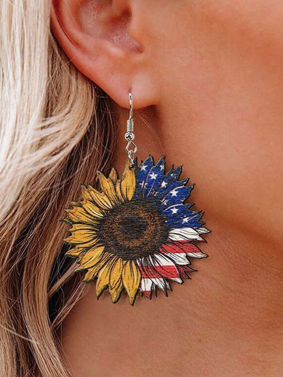Patriotic Earrings Sunflower Star Striped Print Trendy Drop Earrings - multicolor A 1 PAIR