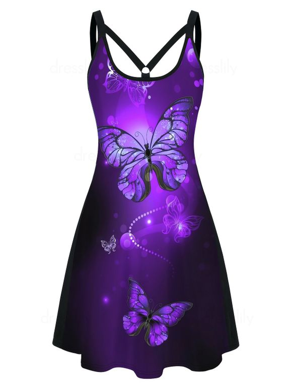 Ombre Butterfly Print Dress Cut Out Sleeveless A Line Mini Dress - BLACK XXL