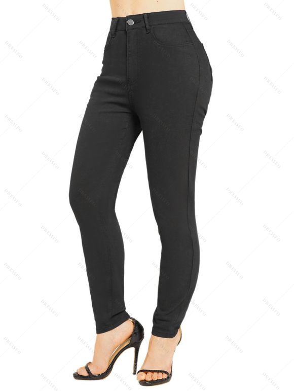 Jean Crayon Décontracté Zippé Long en Couleur Unie en Denim - Noir S