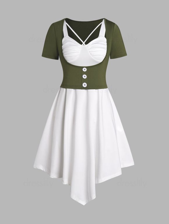 Short Sleeve Mock Button Top And Ruched Bust Crisscross Asymmetric Dress Two Piece Set - WHITE XXL