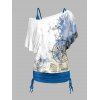 Ensemble de T-shirt à Imprimé Nautique Marine à Col Oblique et de Camisole Plissée à Bretelle Fine - Bleu L