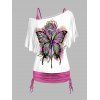 Flower Psychedelic Butterfly Print Skew Collar T-shirt Cinched Ruched Spaghetti Strap Camisole Two Piece Set