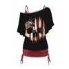 Skull American Flag Print Skew Collar T-shirt And V Neck Cinched Spaghetti Strap Camisole Two Piece Set