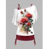 Flower Print Skew Collar T-shirt And Cinched Ruched V Neck Spaghetti Strap Camisole Set