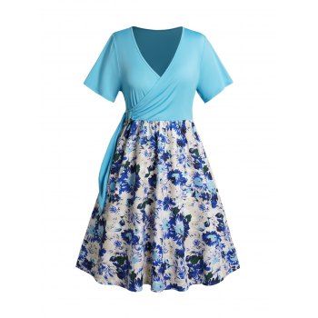 

Plus Size Dress Flower Print Surplice V Neck Metal Embellishment A Line Mini Dress, Blue