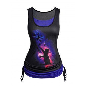 

Plus Size Tank Top Galaxy Butterfly Cat Print Cinched Long Colorblock Tank Top, Black