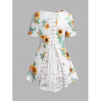 

Leaf Sunflower Print T Shirt Lace Up Lace Panel Back High Low Hem Tee, White