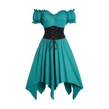 

Off The Shoulder Asymmetric Dress Colorblock Lace Up Puff Sleeve Midi Dress, Green