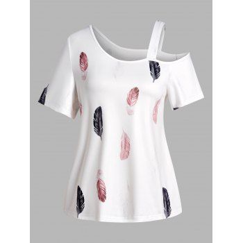 

Plus Size T Shirt Colored Feather Skew Neck Short Sleeve Curve Tee, White
