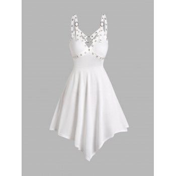 

Eyelet Buckle Strap O Ring Asymmetric Dress Solid Color High Waist Sleeveless Dress, White