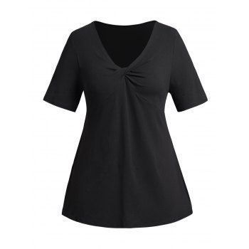 

Plus Size T Shirt Twisted Plain Color V Neck Short Sleeve Casual Tee, Black