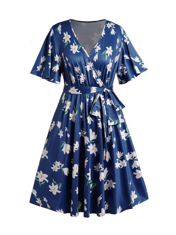 Plus Size Dress Flower Print Surplice Plunging Neck Belted High Waisted A Line Mini Dress - DEEP BLUE XXXXL