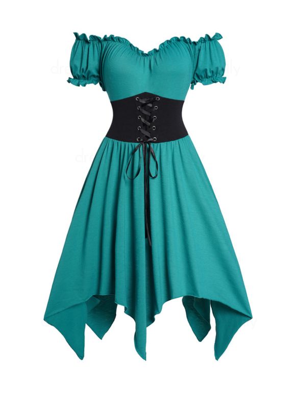 Off The Shoulder Asymmetric Dress Colorblock Lace Up Puff Sleeve Midi Dress - GREEN XL