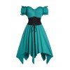 Robe Mi-Longue Asymétrique en Blocs de Couleurs à Epaule Dénudée à Manches Bouffantes à Lacets - Vert M