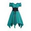 Robe Mi-Longue Asymétrique en Blocs de Couleurs à Epaule Dénudée à Manches Bouffantes à Lacets - Vert M