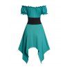 Off The Shoulder Asymmetric Dress Colorblock Lace Up Puff Sleeve Midi Dress - GREEN XL