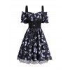 Off The Shoulder Sun Moon Star Butterfly Print Ruffles Elastic Waist Mini Dress And Lace Up Buckle Strap Crop Tank Top Set - BLACK S