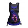 Plus Size Tank Top Galaxy Butterfly Cat Print Cinched Long Colorblock Tank Top - BLACK 5X
