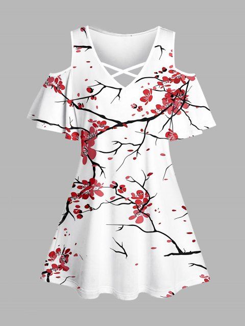 Floral Print Cold Shoulder T-shirt Crisscross V Neck Short Sleeve Tee