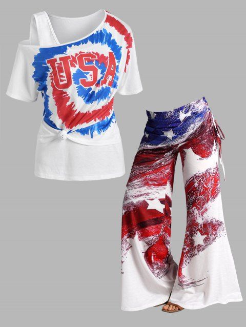 USA Graphic Tie Dye Skew Neck T Shirt with Tank Top And American Flag Print Cinched Foldover Wide Leg Pants Outfit