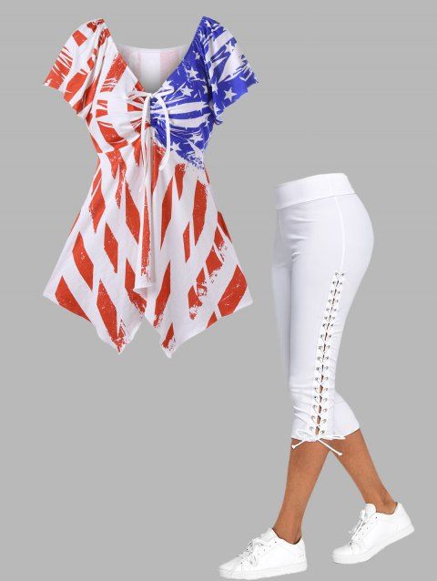 American Flag Print Cinched Asymmetric T Shirt And Lace Up Skinny Crop Leggings Patriotic Outfit
