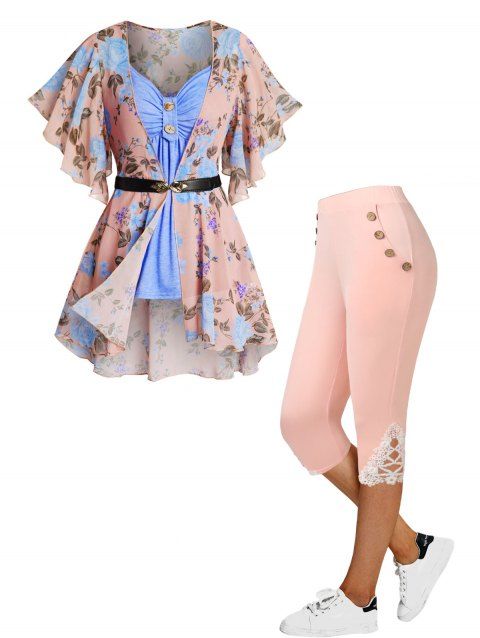 Flower Print Sheer Chiffon Flutter Sleeve Belted Two Piece Tops And High Rise Lace Applique Capri Leggings Outfit