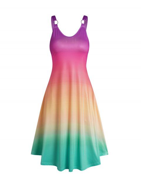 Rainbow Color Ombre Dress O-ring Strap V Neck Sleeveless High Waisted A Line Dress