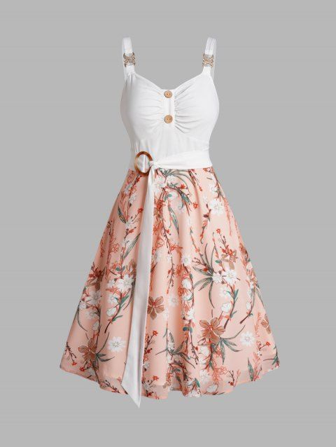 Colorblock Flower Print Dress Self Belted Mock Button Empire Waist A Line Mini Dress