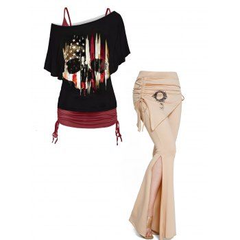 

Skew Collar V Neck Cinched Two Tops Set and Cinched High Slit Flare Pants Fashion Outfit, Multicolor