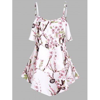 

Peach Blossom Print Layered Camisole Cottagecore Adjustable Spaghetti Strap Pointed Hem Tank Top, White