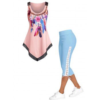 

Feather Print Lace Trim Asymmetric Pointed Hem Tank Top And Lace Up Capri Leggings Outfit, Multicolor