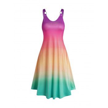 

Rainbow Color Ombre Dress O-ring Strap V Neck Sleeveless High Waisted A Line Dress, Multicolor a