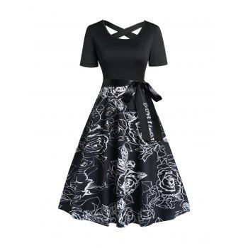 

Rose Print Dress Belted High Waisted Crisscross Short Sleeve A Line Midi Dress, Black