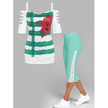 

Flower Print Cold Shoulder Lace Insert Ripped T-shirt And Lace Up Capri Leggings Outfit, Multicolor