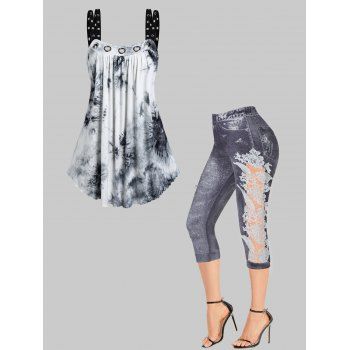 

Tie Dye Ink Painting Grommet Tank Top And Faux Denim Print Hollow Out Lace Panel Capri Jeggings Casual Outfit, Multicolor