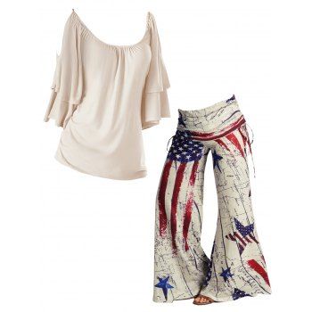 

Layered Half Sleeve Scoop Neck Casual Long T Shirt and Cinched Foldover Wide Leg Pants Patriotic Outfit, Multicolor