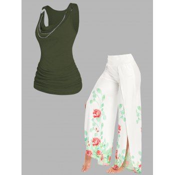 

Cowl Neck Draped Ruched Chain Embellishment Casual Tank Top and Loose Pants Vacation Outfit, Multicolor