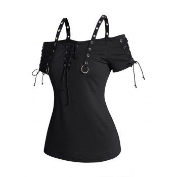 

Cold Shoulder T Shirt Plain Color Grommet Lace Up Casual Tee, Black
